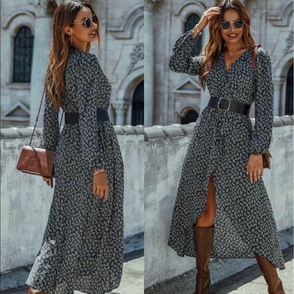 Boho Black Floral V neck Maxi Dress - Picture 4 of 5